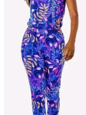 Lilly Pulitzer Blue Floral Jumpsuit with Pink & Cream Leaves